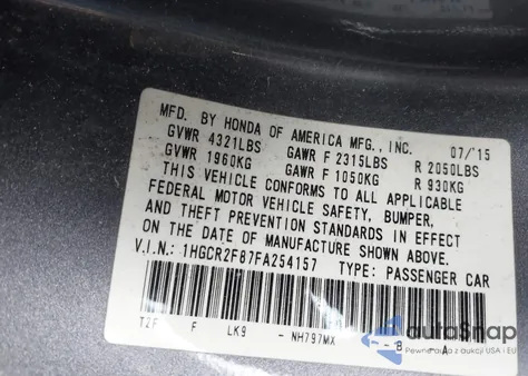 2015 Honda Accord Ex-L from USA, damaged, VIN 1HGCR2F87FA254157